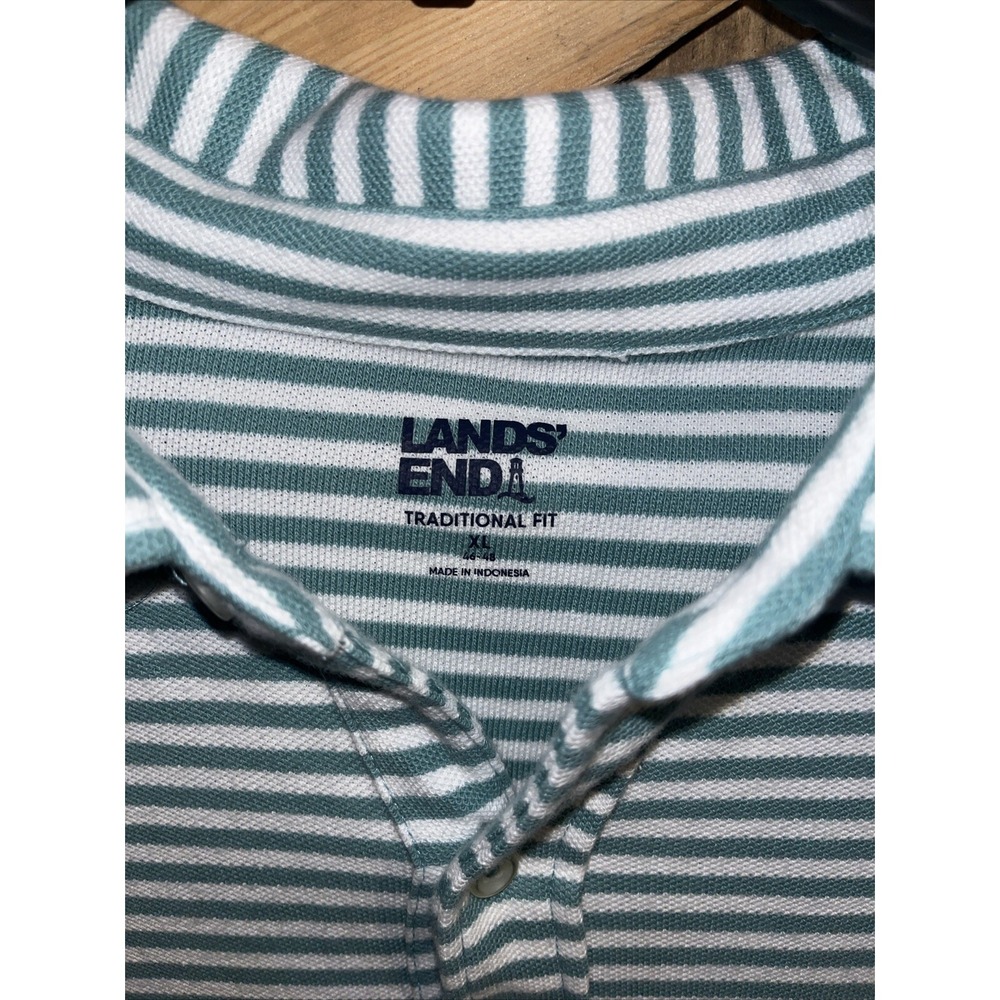 Preppy Lands End Shirt XL Green White Stripe Knit Button Up Long Sleeve Casual - Picture 3 of 15